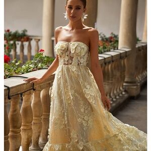 Alamour The Label Strapless Floral Appliqué Yellow Ball Gown